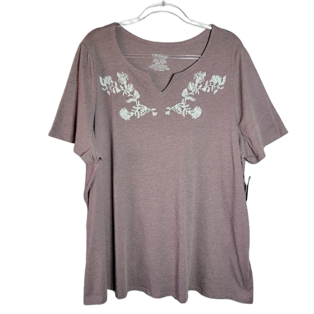 Catherines Sleepwear Womens 2X Mauve Floral Embroidered Sleep‎ Shirt NEW